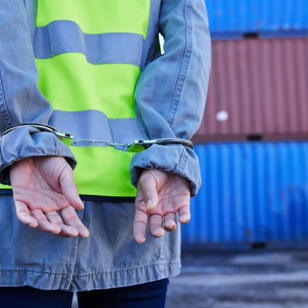 man met handboeien op een werf 